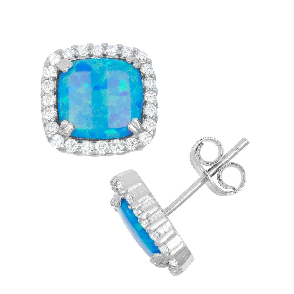 Sterling Silver Square CZ with Center Blue Inlay Opal Earrings Earrings