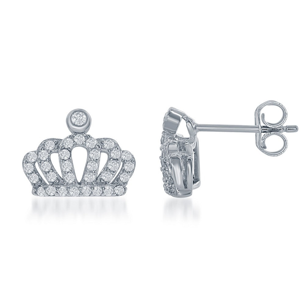 Sterling Silver Small CZ Crown Stud Earrings Earrings