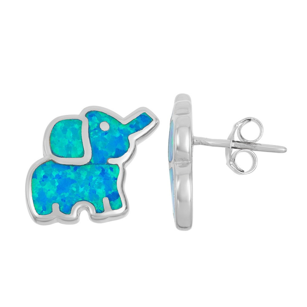 Sterling Silver Blue Inlay Opal Elephant Stud Earrings Earrings