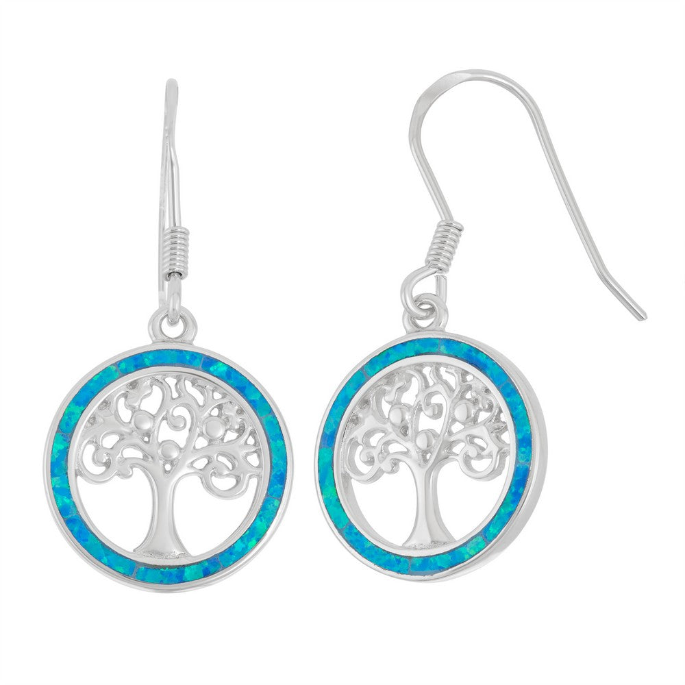 Sterling Silver Round Blue Inlay Opal with Center Tree of Life Earrings Earrings