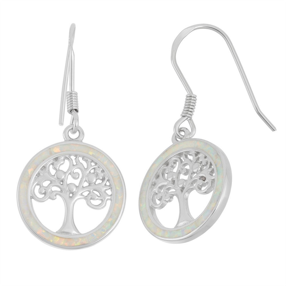 Sterling Silver Round White Inlay Opal with Center Tree of Life Earrings Earrings