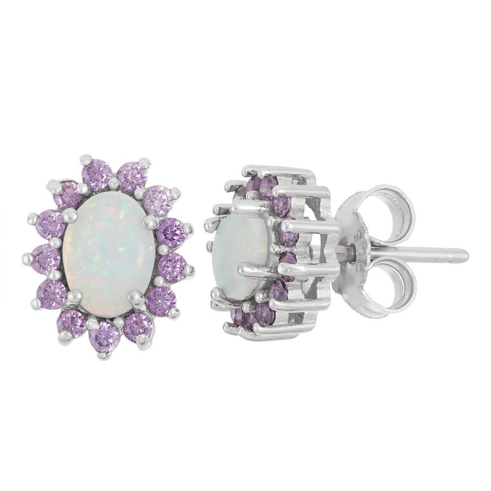 Sterling Silver White Inlay Opal with Surrounding Amethyst CZ Oval Stud Earrings Earrings