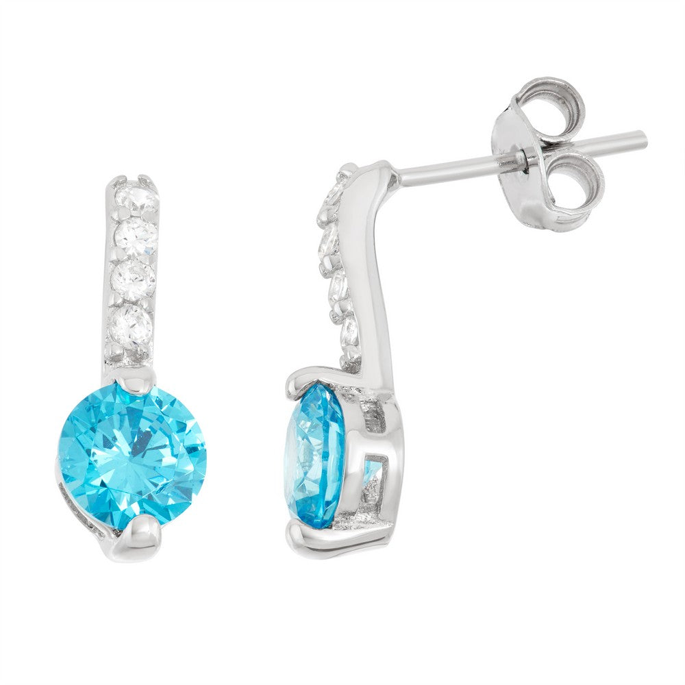 Sterling Silver Thin Bar with Round Stud CZ Earrings - Light Blue Earrings