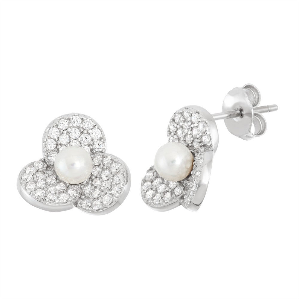 Sterling Silver Triple Petal CZ with Center Fresh Water Pearl Stud Earrings Earrings