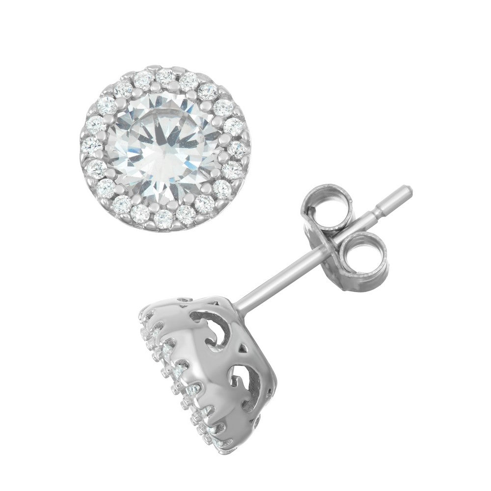 Sterling Silver Round CZ with CZ Border Stud Earrings Earrings