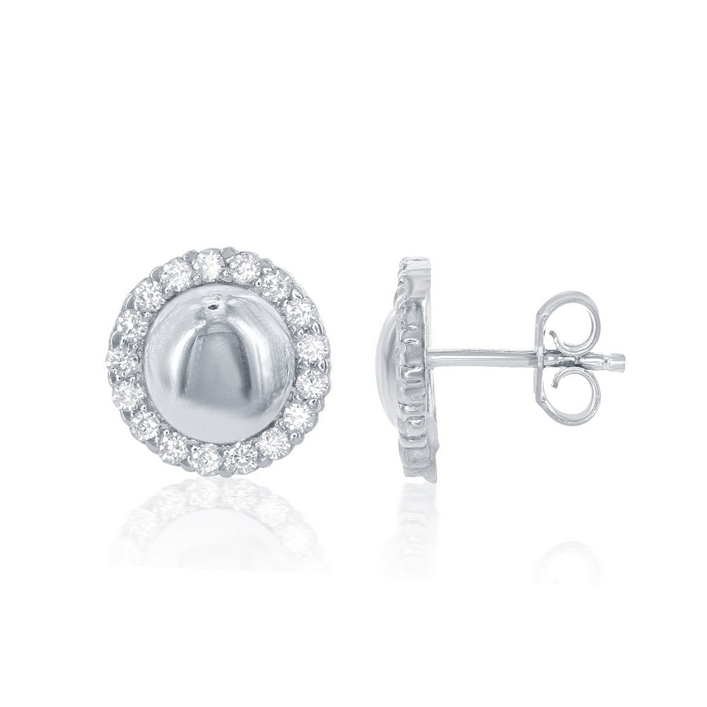 Sterling Silver CZ Border Round Stud Earrings Earrings