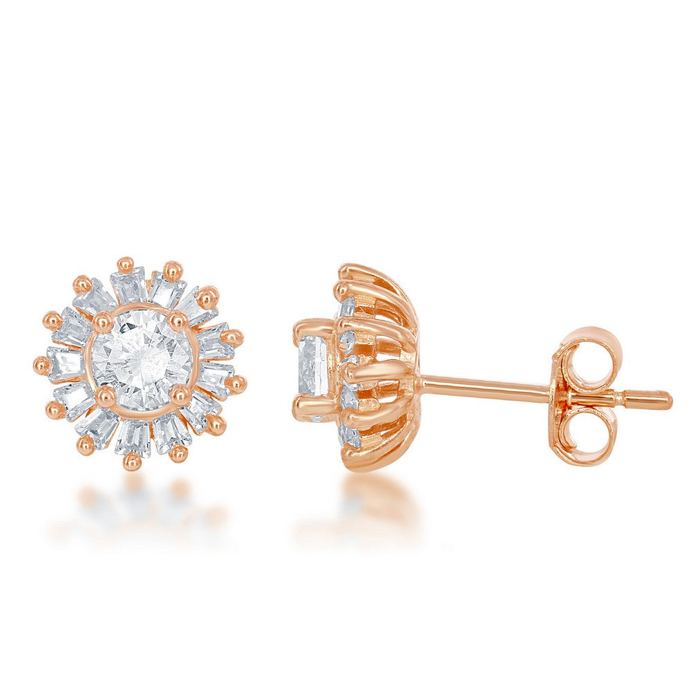 Sterling Silver Small Round CZ with Baguette Border Stud Earrings - Rose Gold Plated Earrings