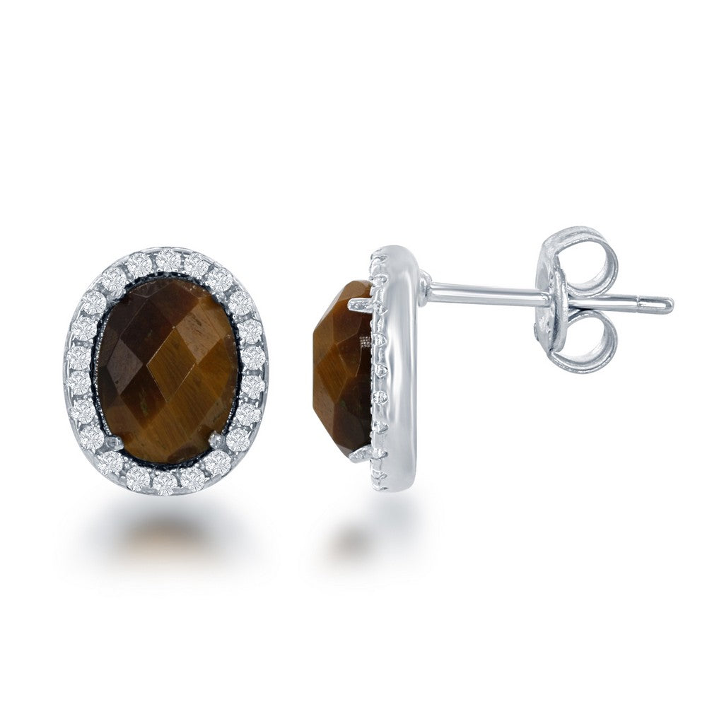 Sterling Silver Oval Brown Tiger Eye with CZ Border Stud Earrings Earrings