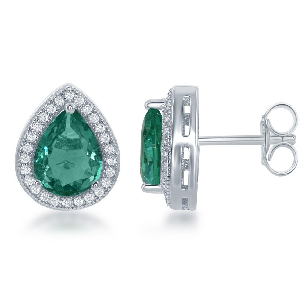 Sterling Silver CZ Teardrop Earrings - Simulated Emerald Earrings