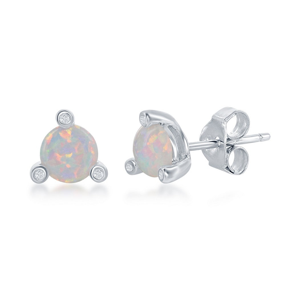 Sterling Silver Three-Prong CZ & Round White Opal Stud Earrings Earrings