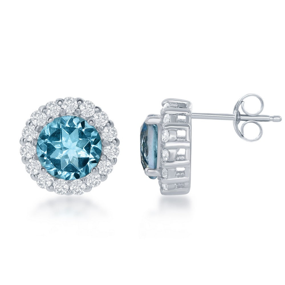 Sterling Silver Round Center Blue Topaz with White Topaz Large Stud Earrings Earrings