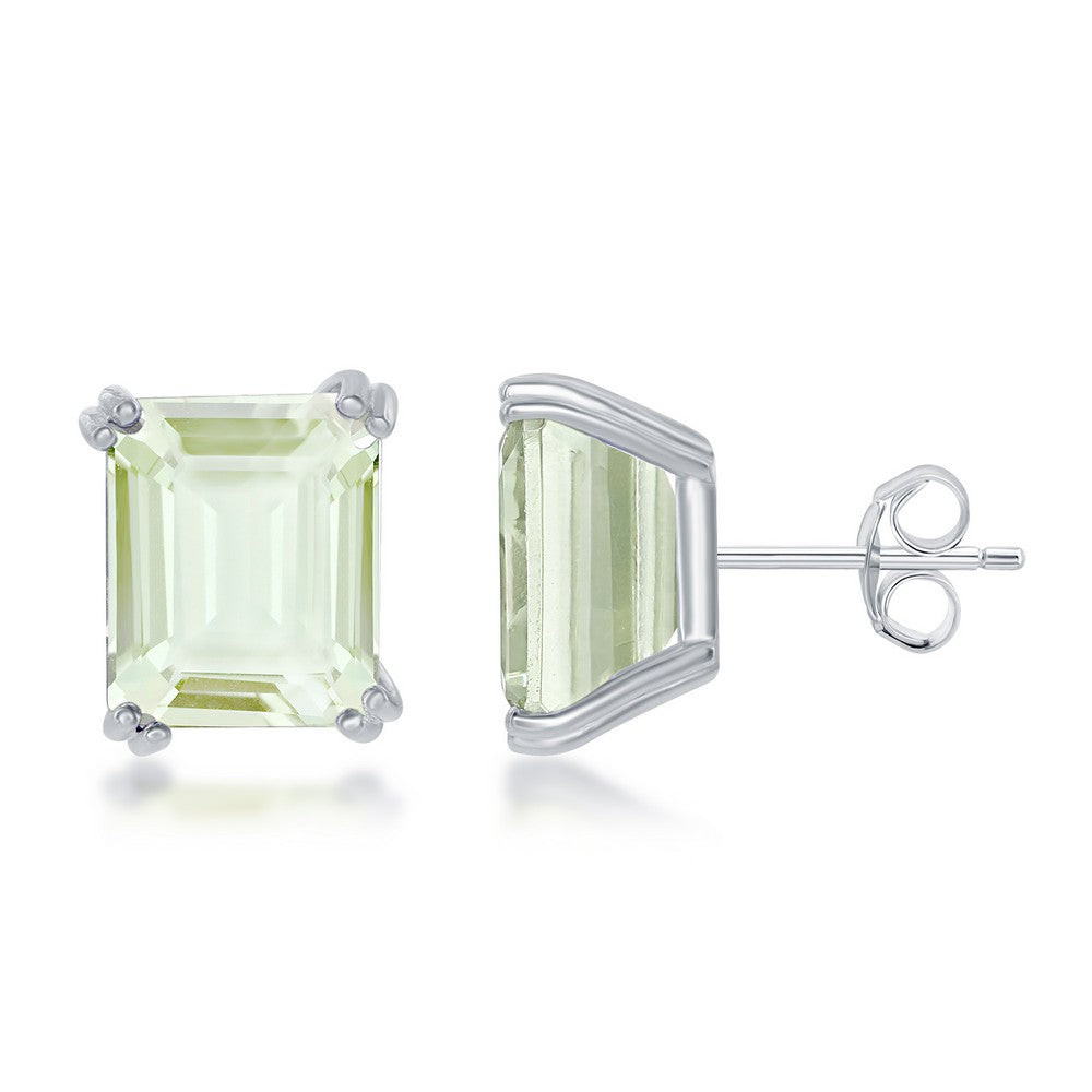 Sterling Silver Rectangle Prong Set Gem Stud Earrings - Green Amethyst Earrings