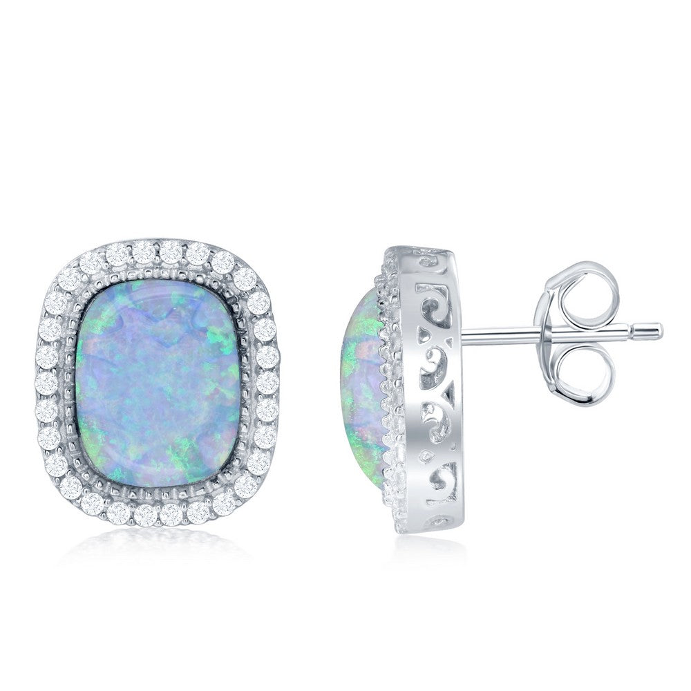 Sterling Silver Square White Opal with CZ Border Earrings Earrings