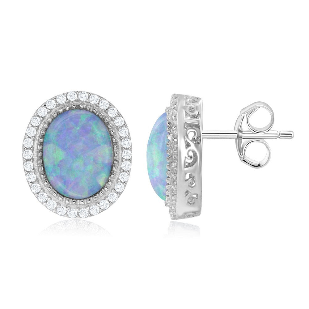 Sterling Silver Oval White Opal with CZ Border Earrings Earrings