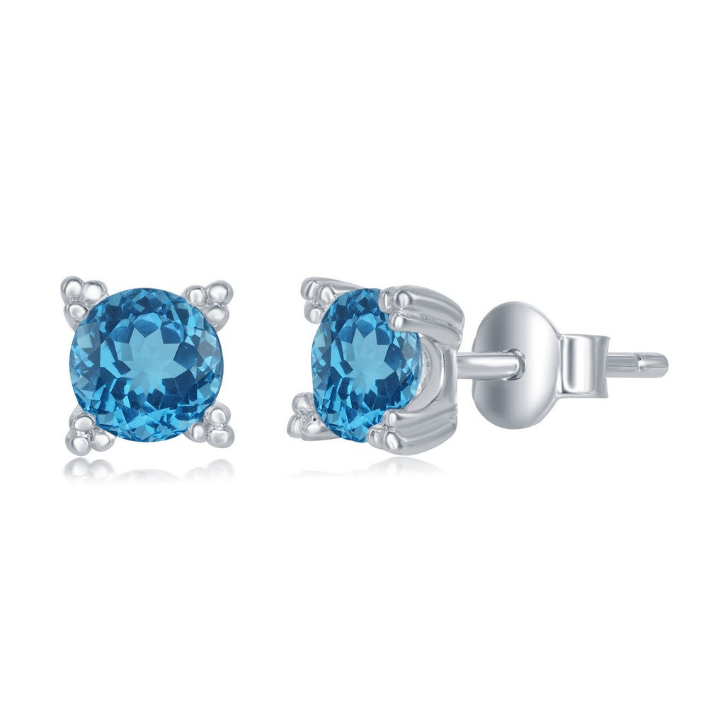 Sterling Silver 5MM Round Four Prong Stud Earrings - Blue Topaz Earrings