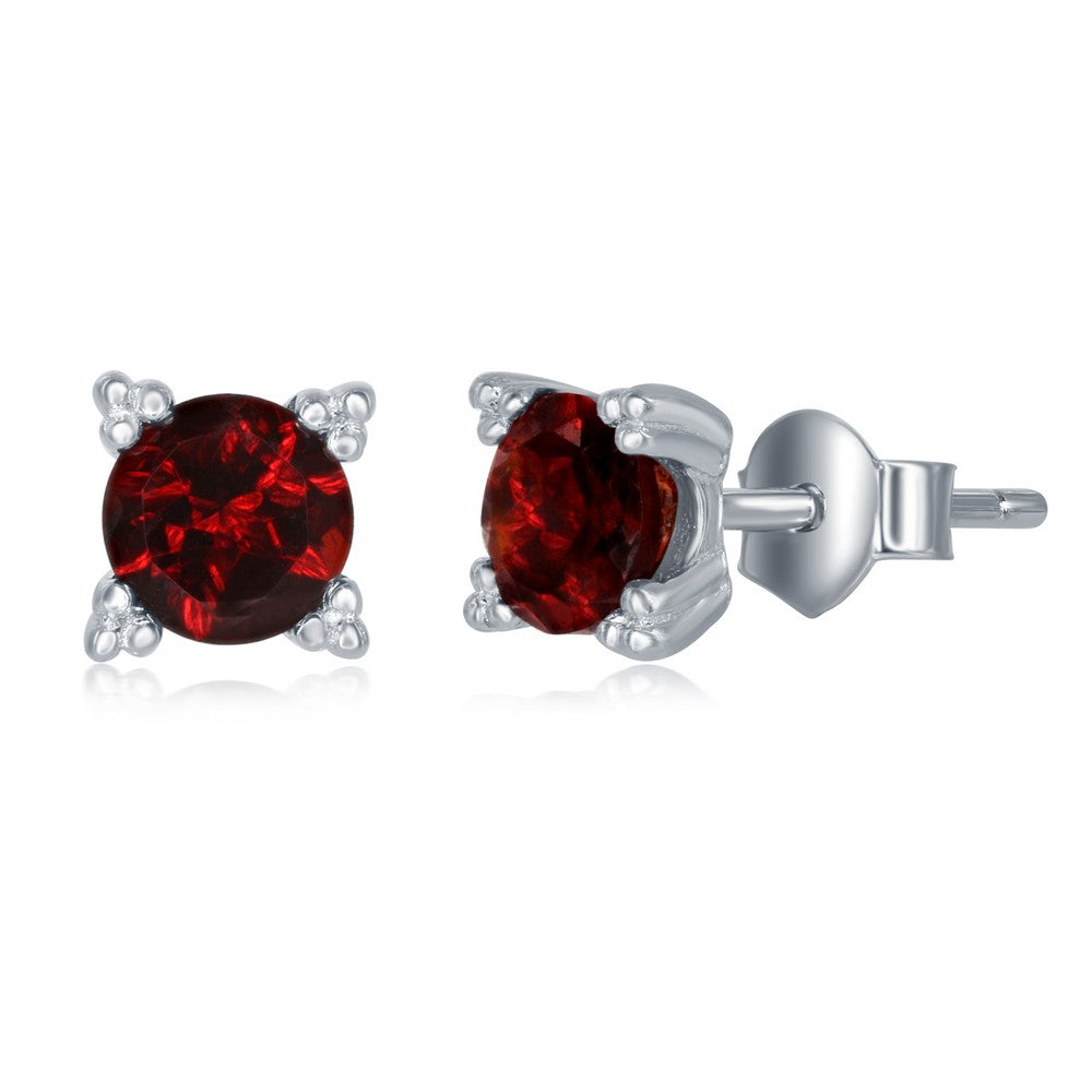 Sterling Silver 5MM Round Four Prong Stud Earrings - Garnet Earrings