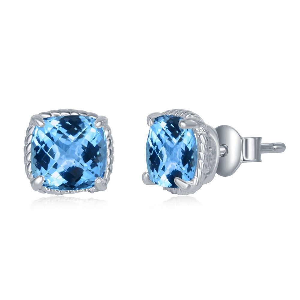 Sterling Silver 6MM Square GEM Cushion-Cut, Rope Detail Border, Stud Earrings - Blue Topaz Earrings