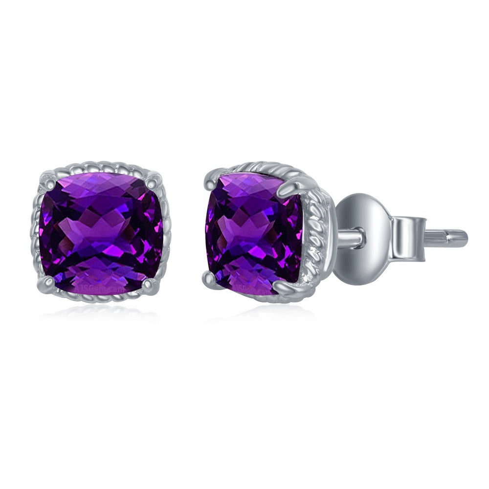 Sterling Silver 6MM Square GEM Cushion-Cut, Rope Detail Border Stud Earrings - Amethyst Earrings