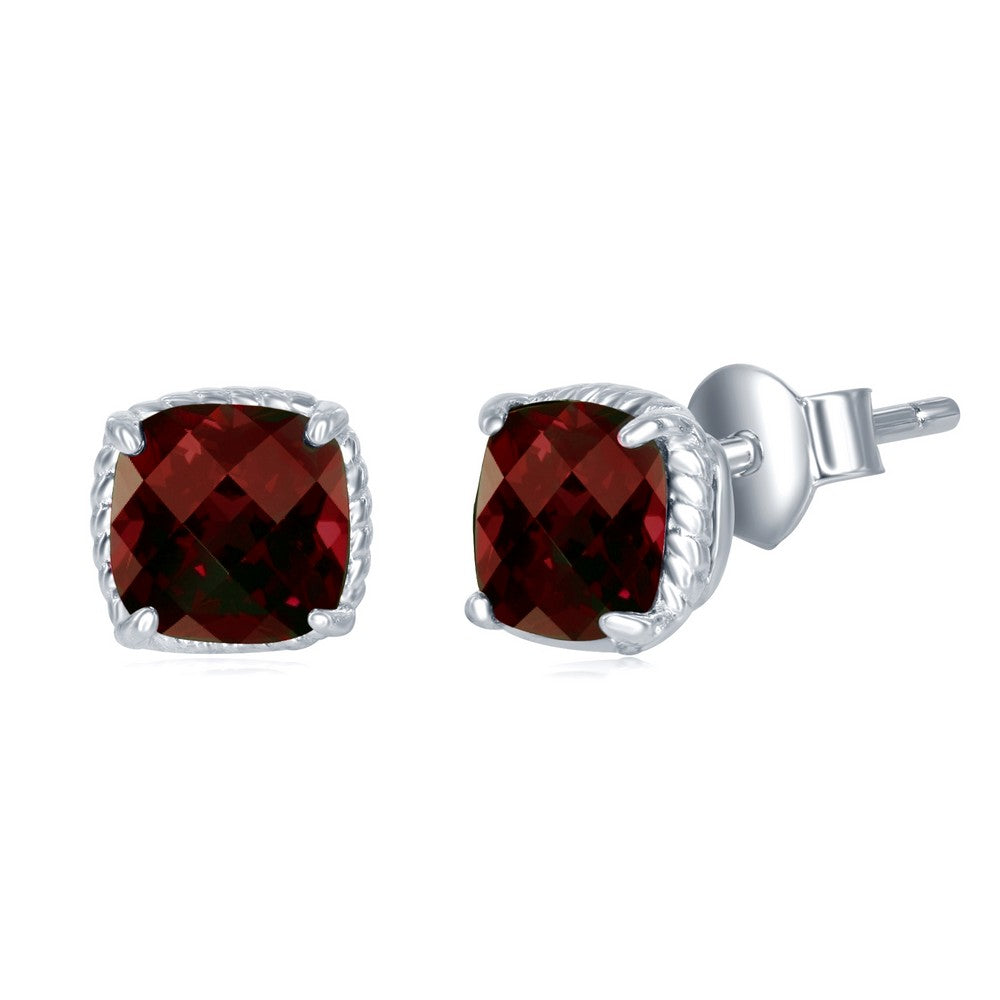 Sterling Silver 6MM Square GEM Cushion-Cut, Rope Detail Border Stud Earrings - Garnet Earrings