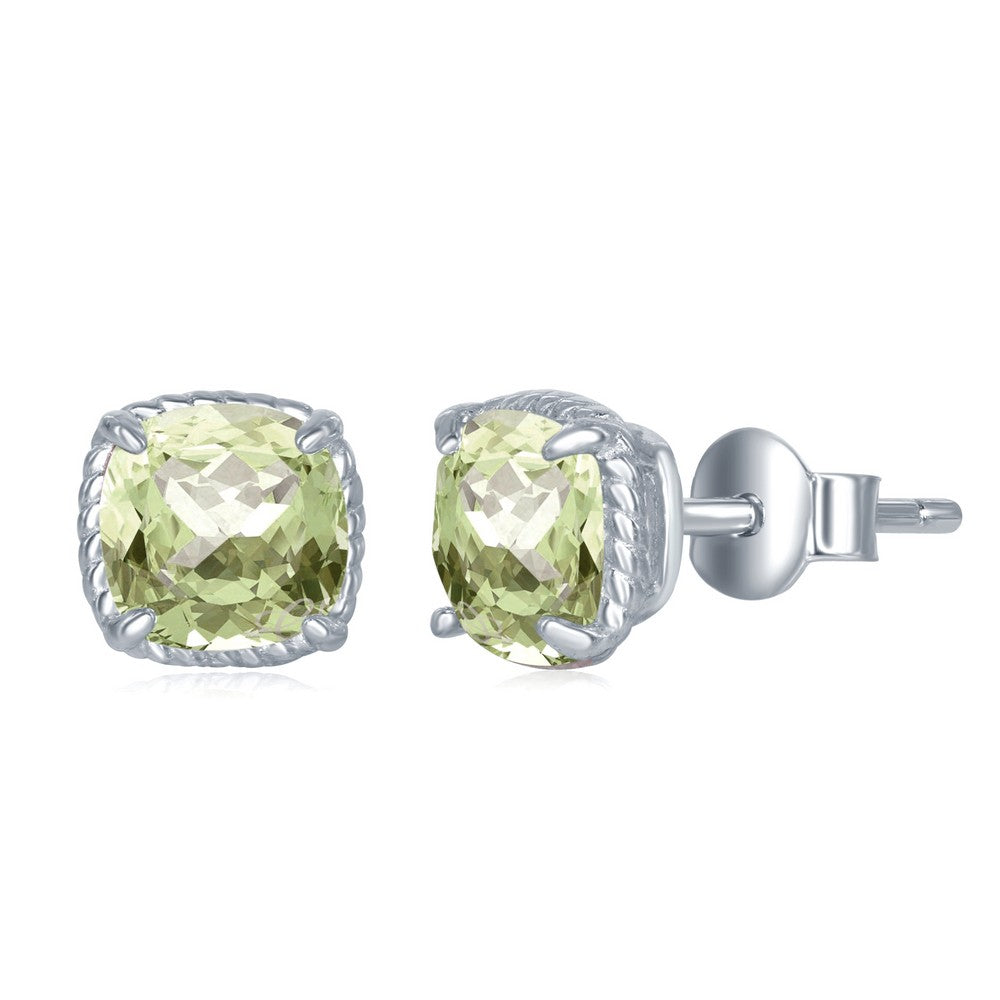 Sterling Silver 6MM Square GEM Cushion-Cut, Rope Detail Border Stud Earrings - Green Amethyst Earrings