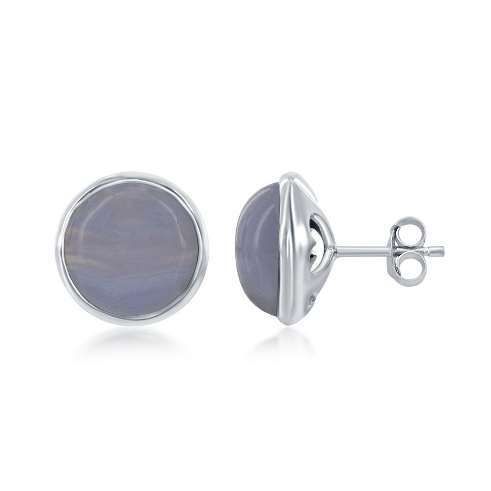 Sterling Silver Natural Stone Stud Earring - Blue Lace Agate Earrings