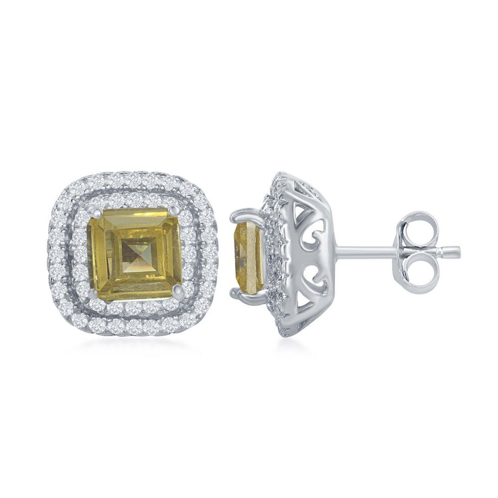 Sterling Silver Double CZ Square Border with Center Yellow CZ Stud Earrings Earrings