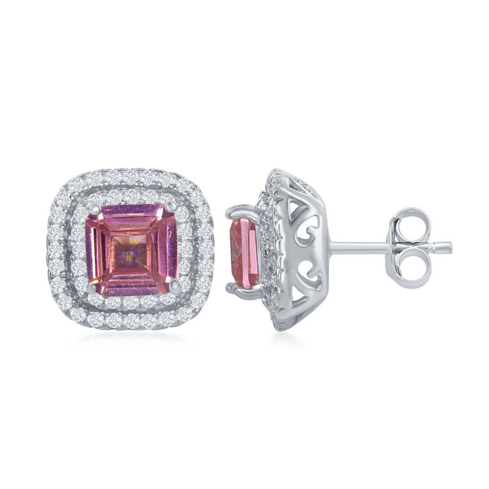 Sterling Silver Double CZ Square Border with Center Pink CZ Stud Earrings Earrings