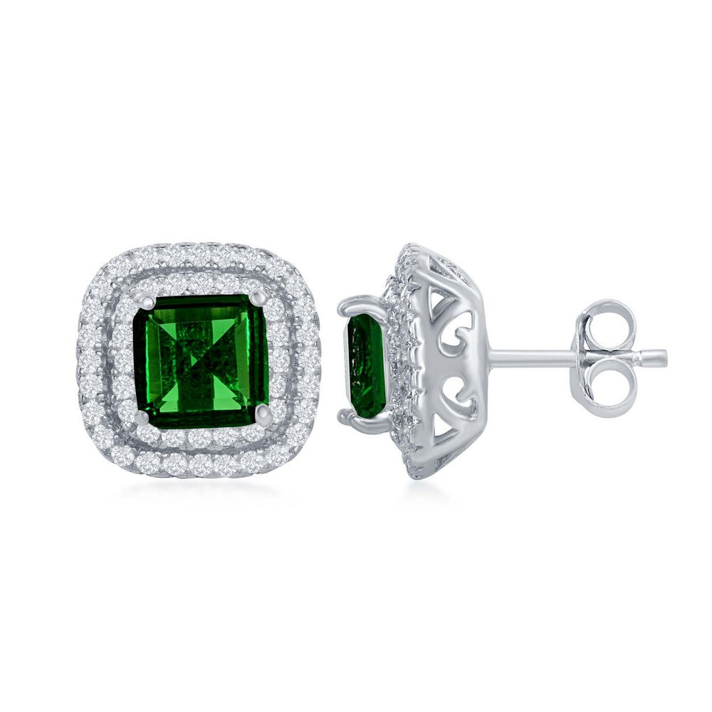 Sterling Silver Double CZ Square Border with Center Green CZ Stud Earrings Earrings