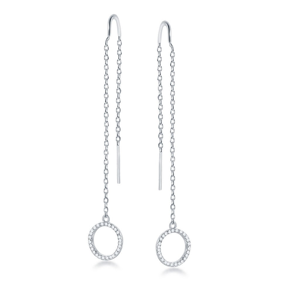 Sterling Silver Hanging Open CZ Circle and Bar Chain Threader Earrings Earrings