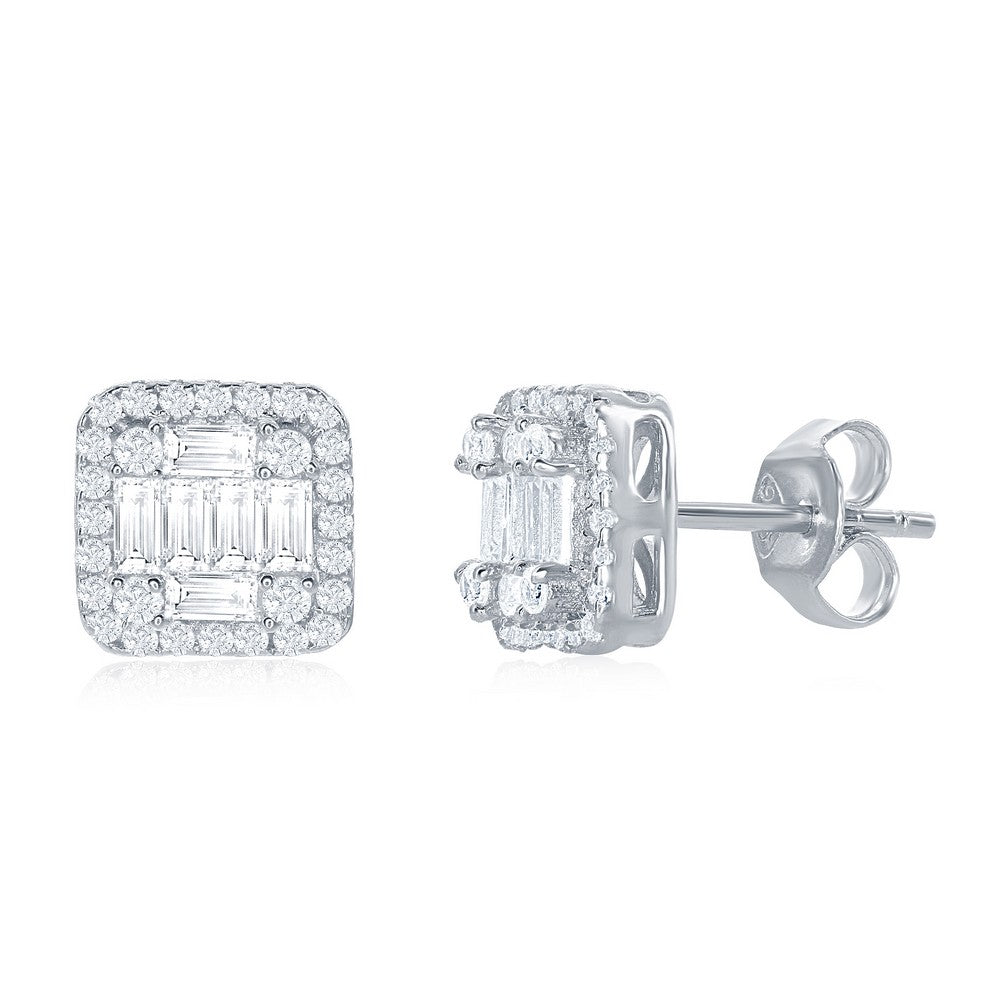 Sterling Silver Square Baguette CZ Stud Earrings Earrings