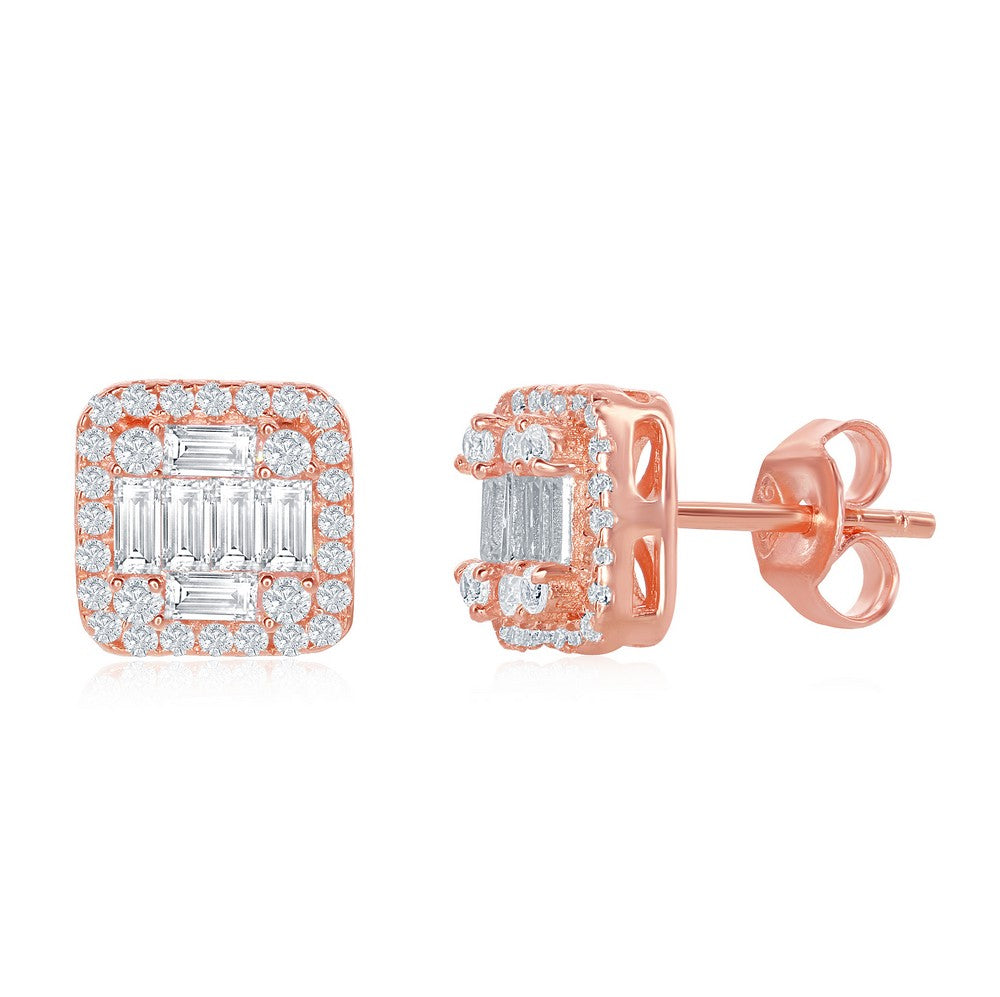 Sterling Silver Square Baguette CZ Stud Earrings - Rose Gold Plated Earrings