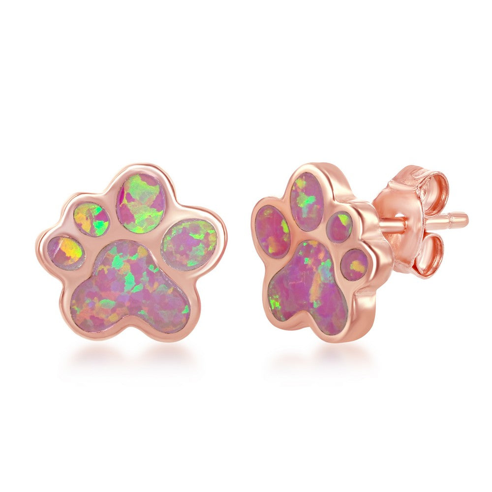 Sterling Silver Pink Inlay Opal Paw Stud Earrings - Rose Gold Plated Earrings