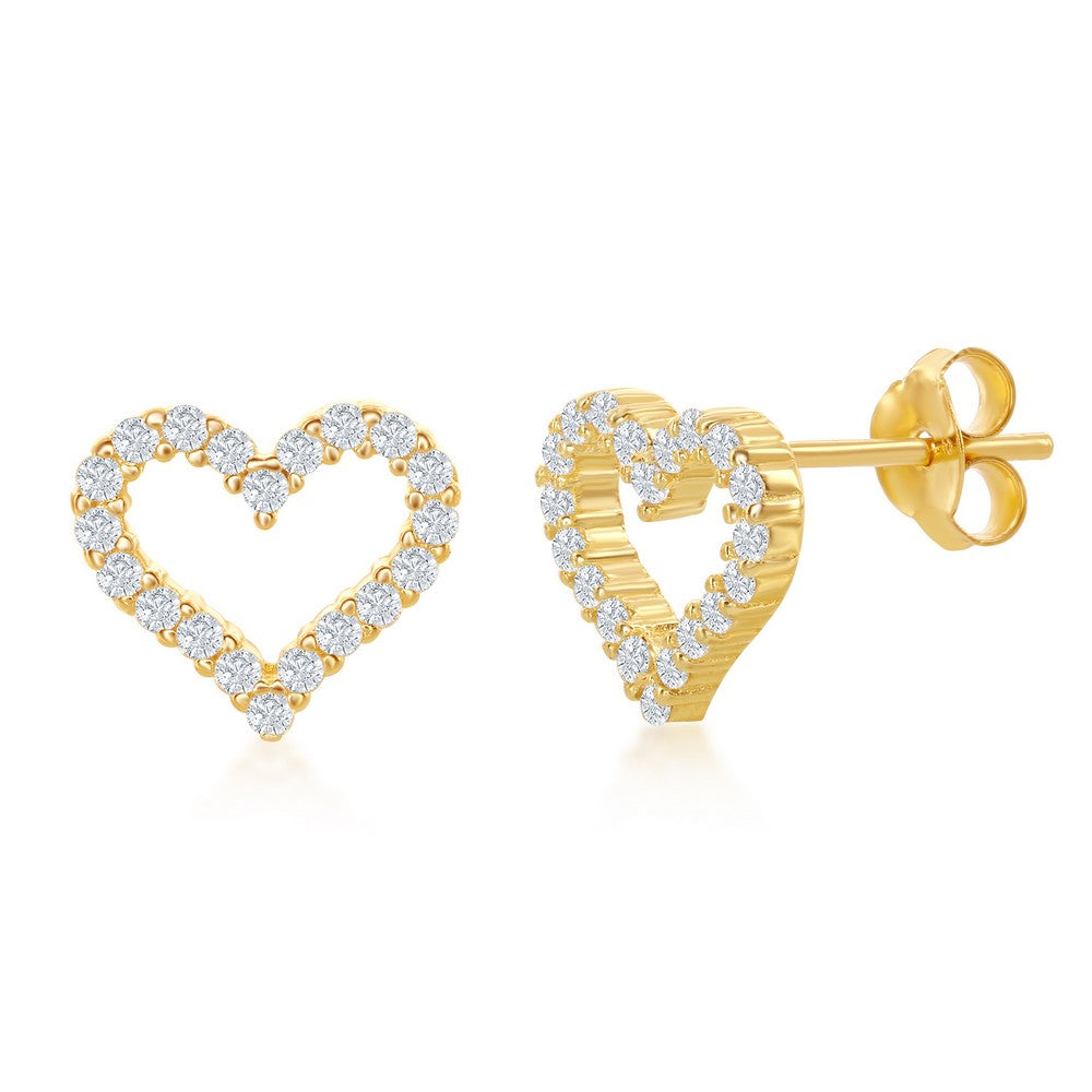 Sterling Silver Open Heart Cubic Zirconia Stud Earrings - Gold Plated Earrings