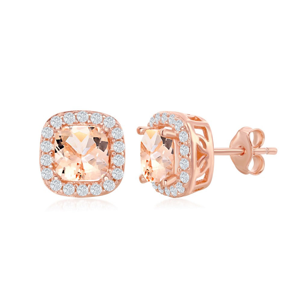 Sterling Silver Square Morganite CZ with White CZ Border Earrings - Rose Gold Plated Earrings