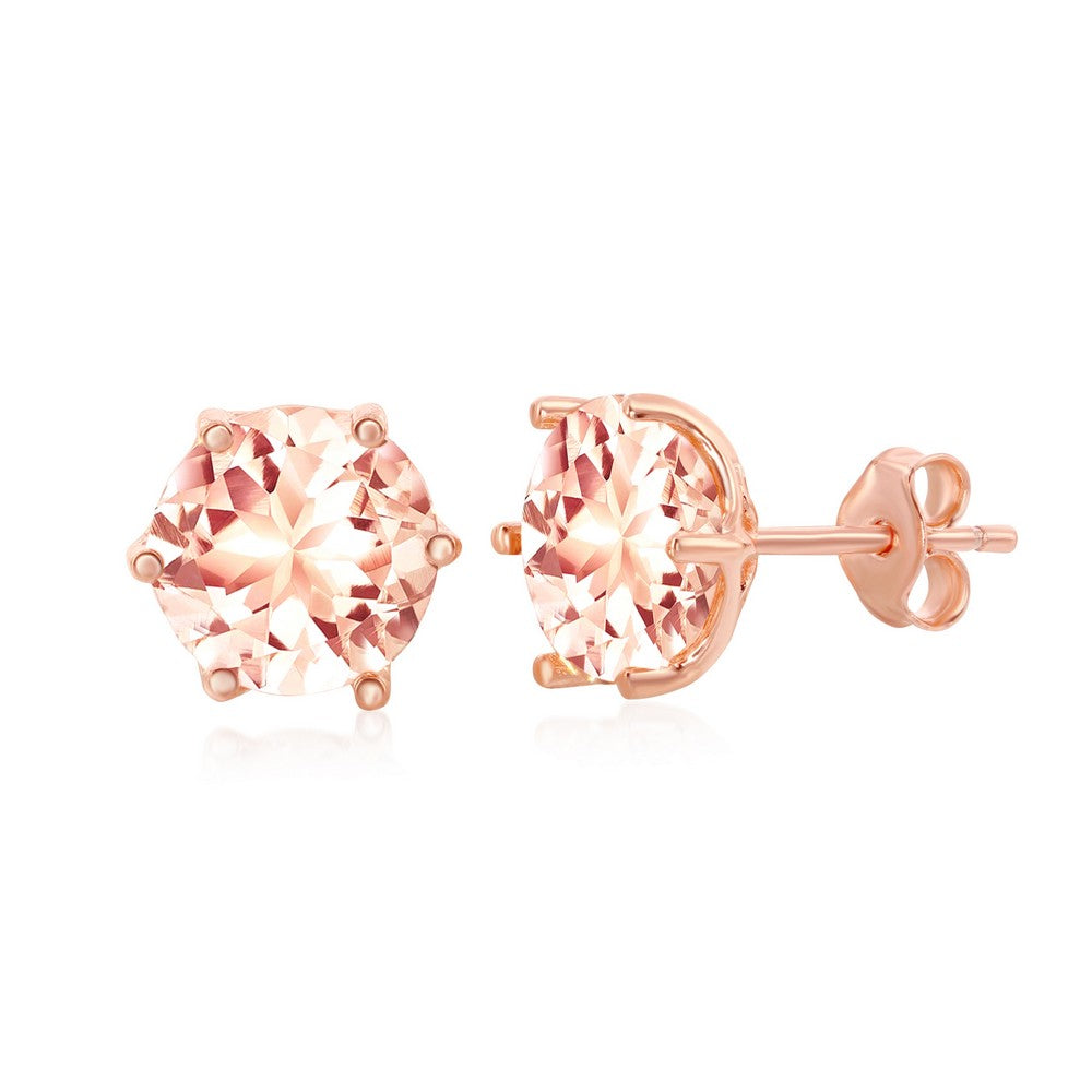 Sterling Silver Six-Prong 8mm Round Morganite CZ Stud Earrings - Rose Gold Plated Earrings