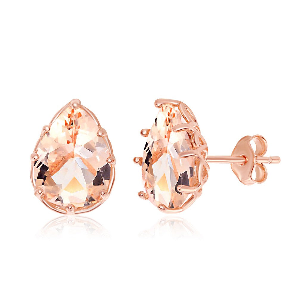 Sterling Silver Eight-Prong Pear-Shaped Morganite CZ Stud Earrings - Rose Gold Plated Earrings