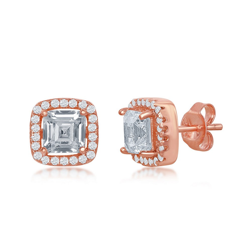 Sterling Silver Double Square CZ Stud Earrings - Rose Gold Plated Earrings