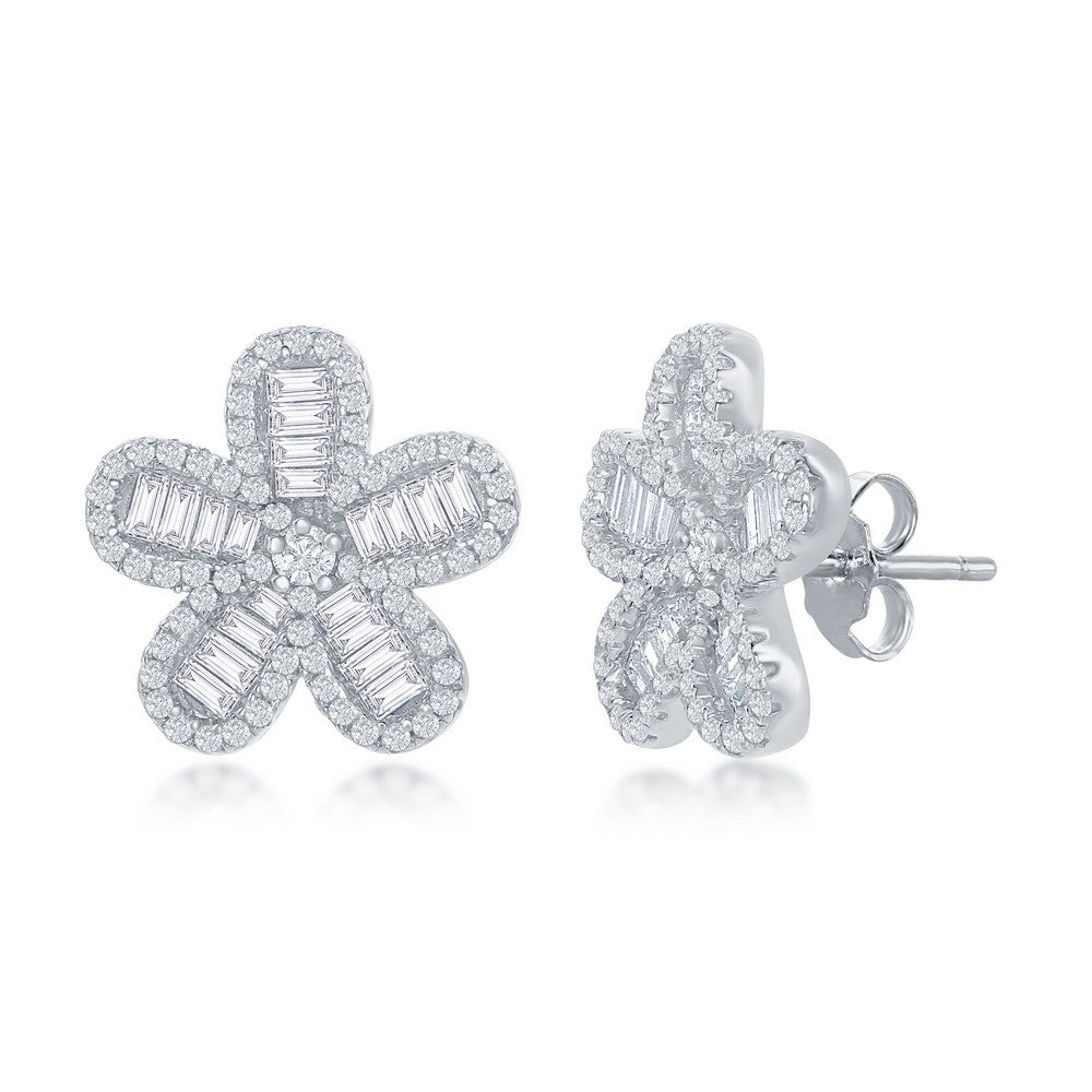 Sterling Silver Baguette CZ Flower Stud Earrings Earrings