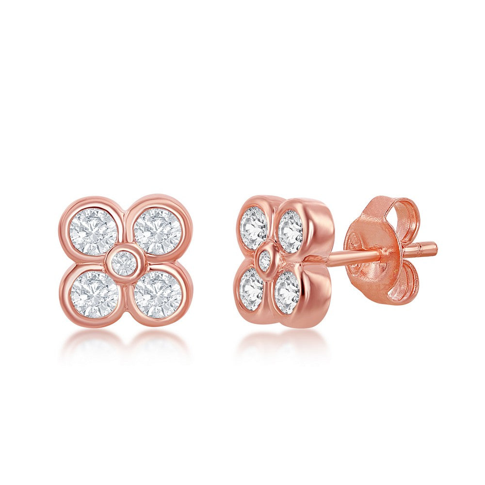 Sterling Silver Small Flower CZ Stud Earrings - Rose Gold Plated Earrings