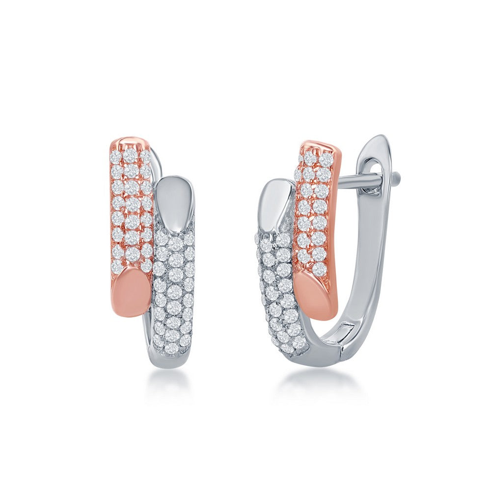 Sterling Silver Two-Tone Rose Gold Plated Micro Pave Bottom Flat Double Bar Earrings Earrings