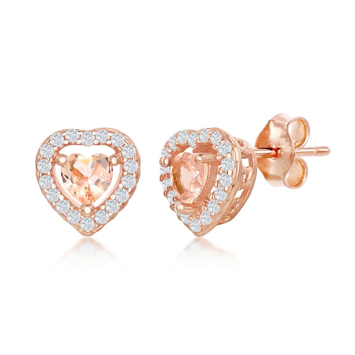 Sterling Silver Heart Morganite CZ with White CZ Border Stud Earrings - Rose Gold Plated Earrings