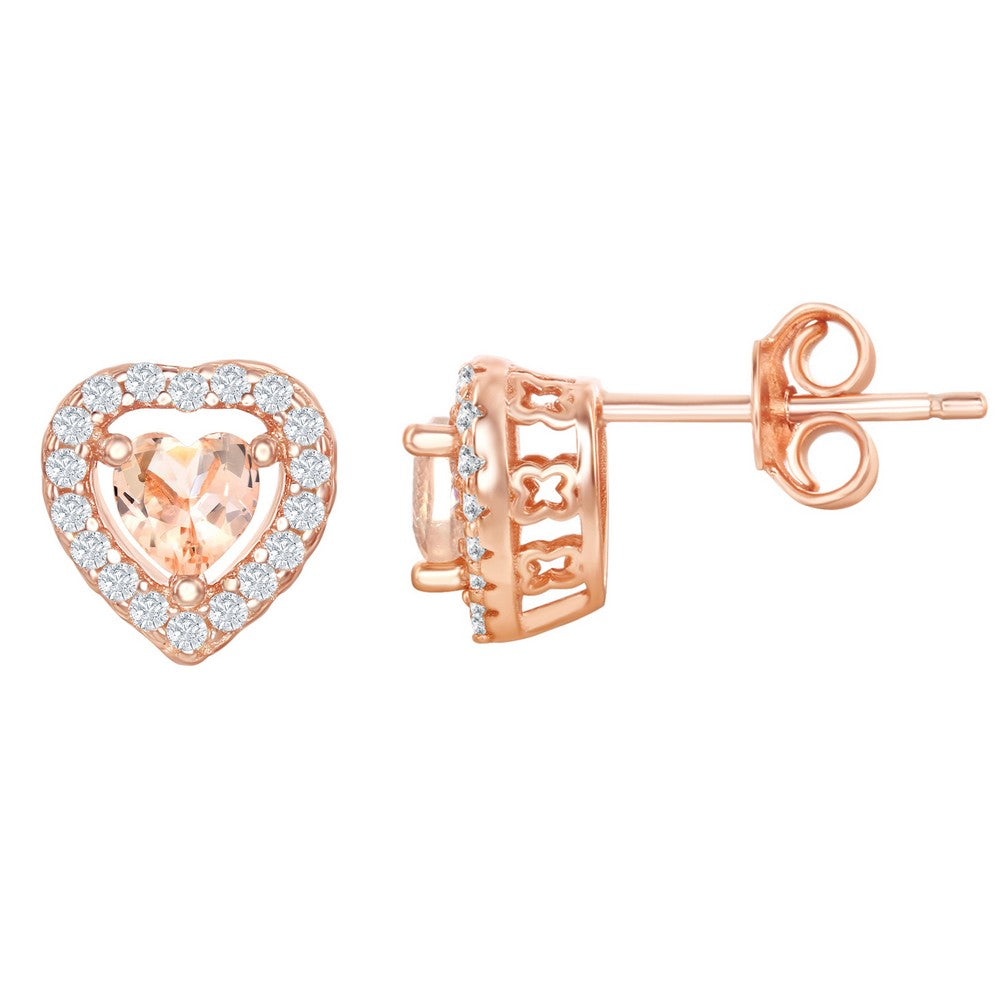 Sterling Silver Heart Morganite CZ with White CZ Border Stud Earrings - Rose Gold Plated Earrings