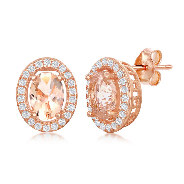 Sterling Silver Oval Morganite CZ with White CZ Border Stud Earrings - Rose Gold Plated Earrings