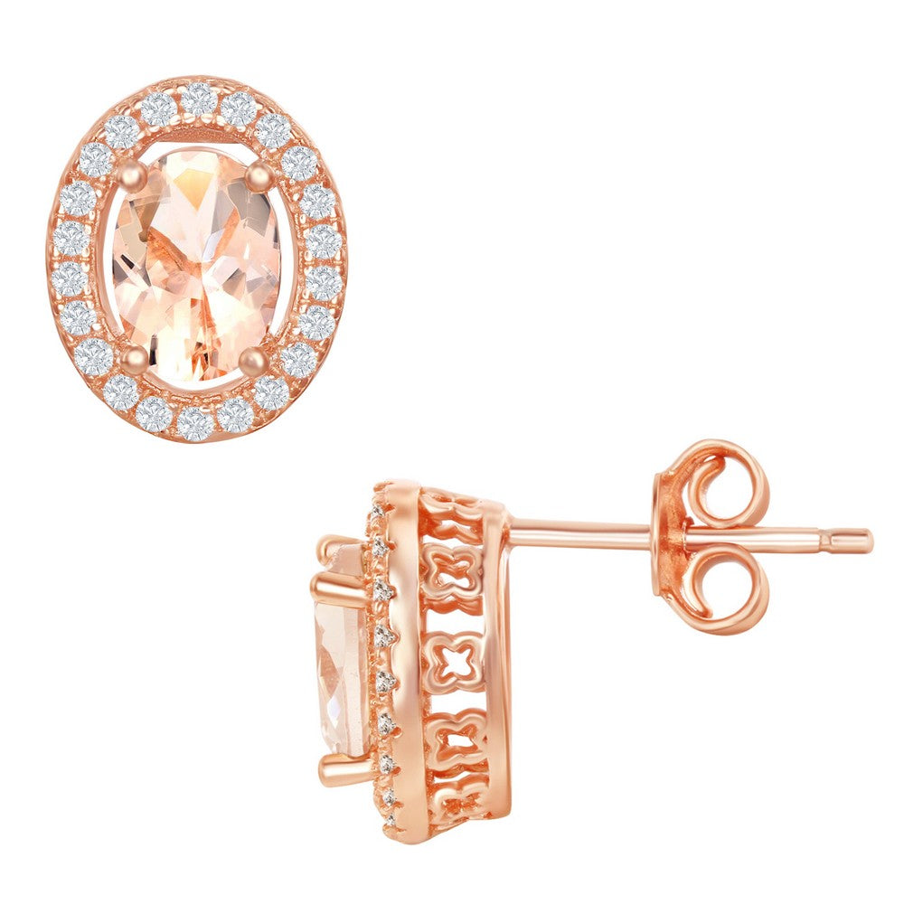 Sterling Silver Oval Morganite CZ with White CZ Border Stud Earrings - Rose Gold Plated Earrings