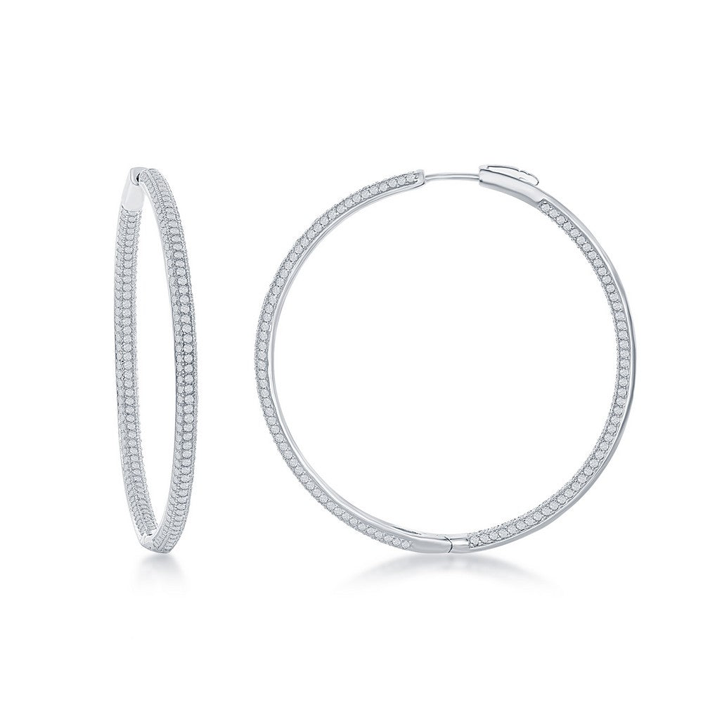 Sterling Silver, 3x50mm Inside-Outside Micro Pave, CZ Hoop Earrings Earrings