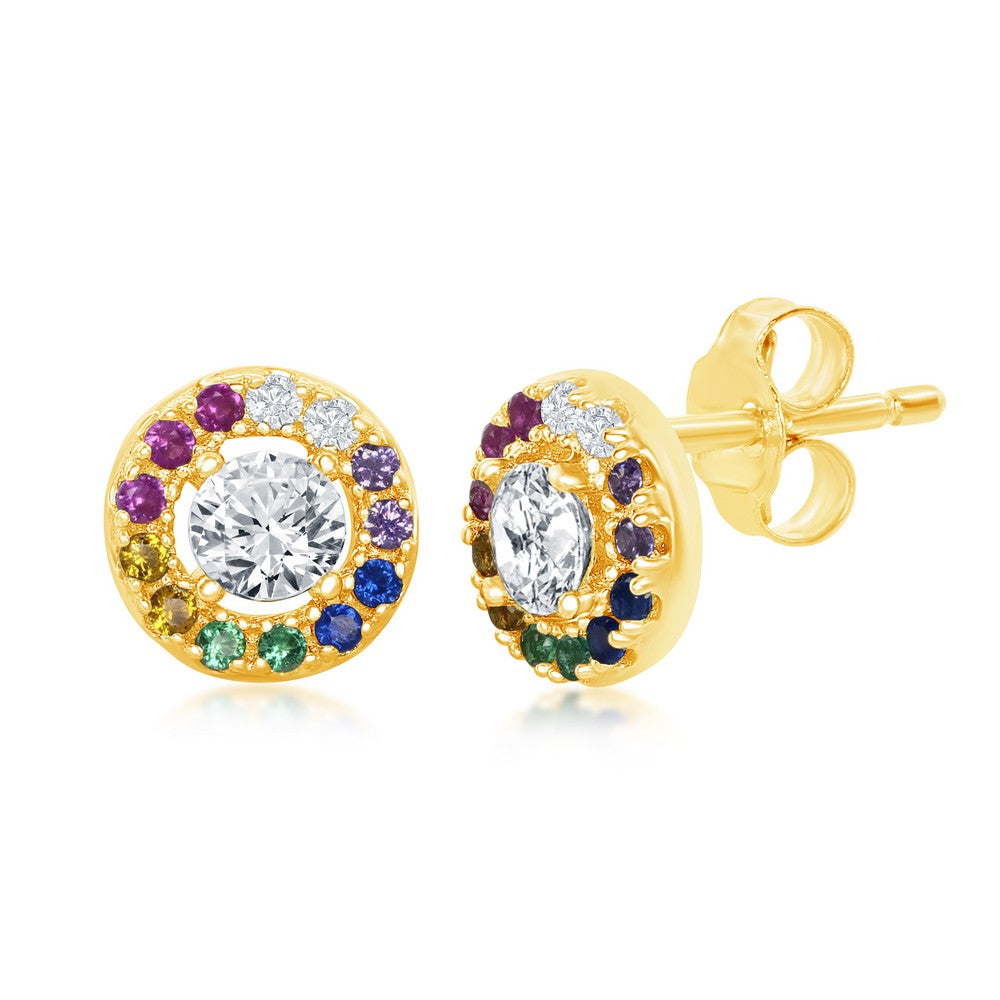 Sterling Silver Center Gold Plated White CZ with Rainbow CZ Border Round Stud Earrings Earrings