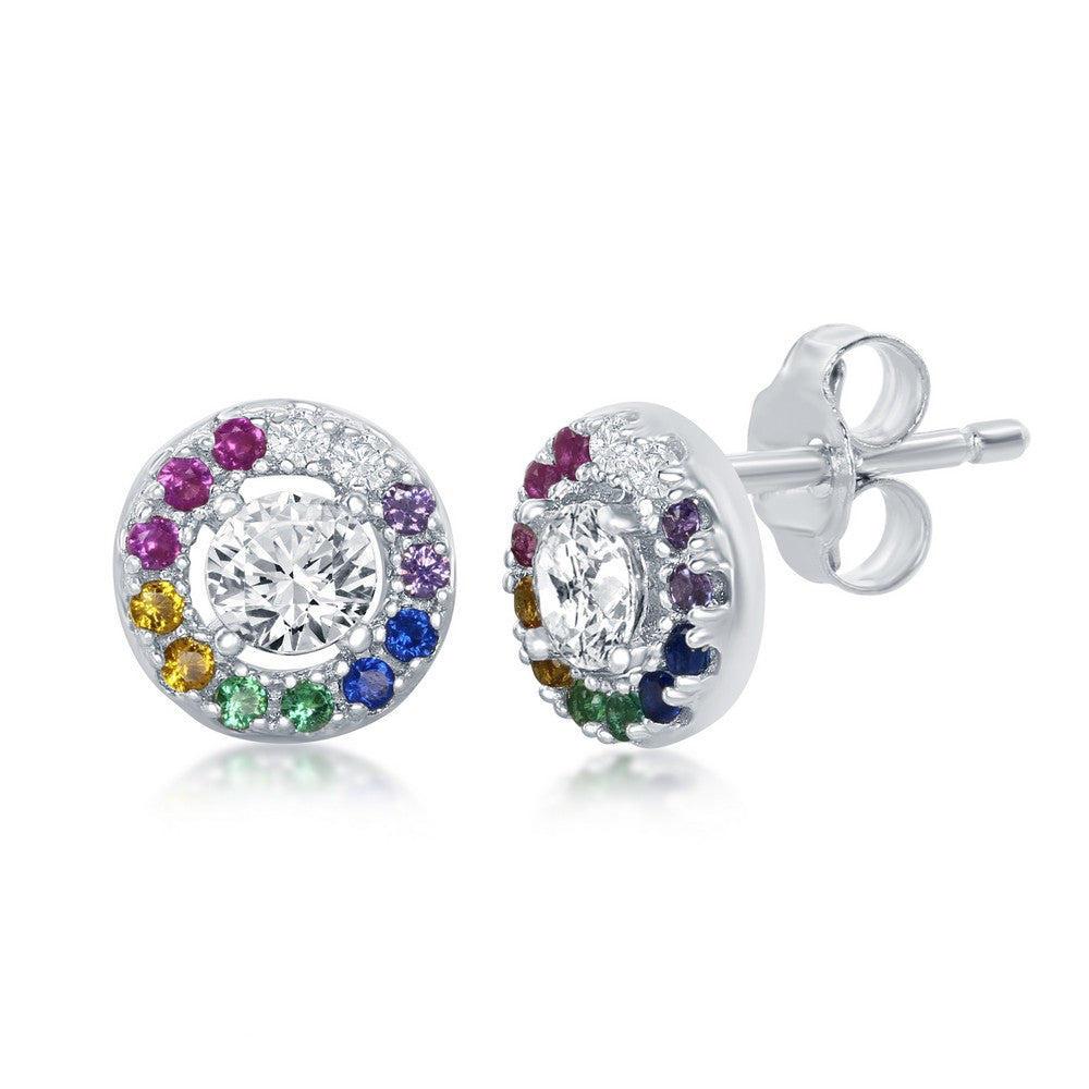 Sterling Silver Center White CZ with Rainbow CZ Border Round Stud Earrings Earrings