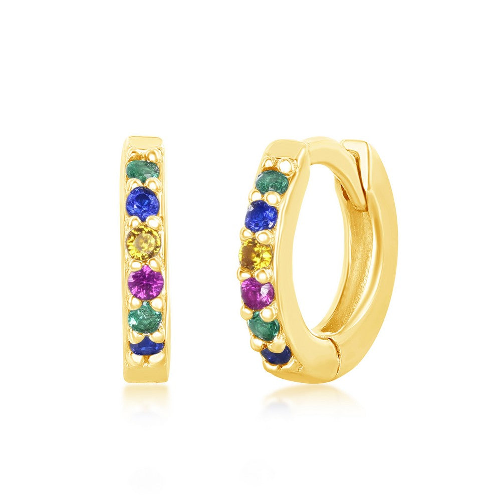 Sterling Silver Rainbow CZ Small Huggie Hoop Earrings - Gold Plated Earrings