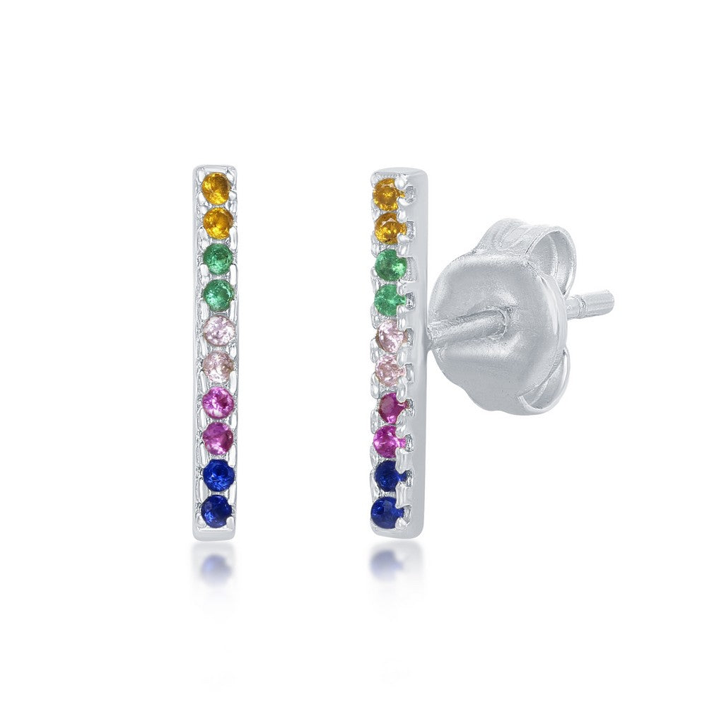 Sterling Silver Rainbow CZ Bar Stud Earrings Earrings