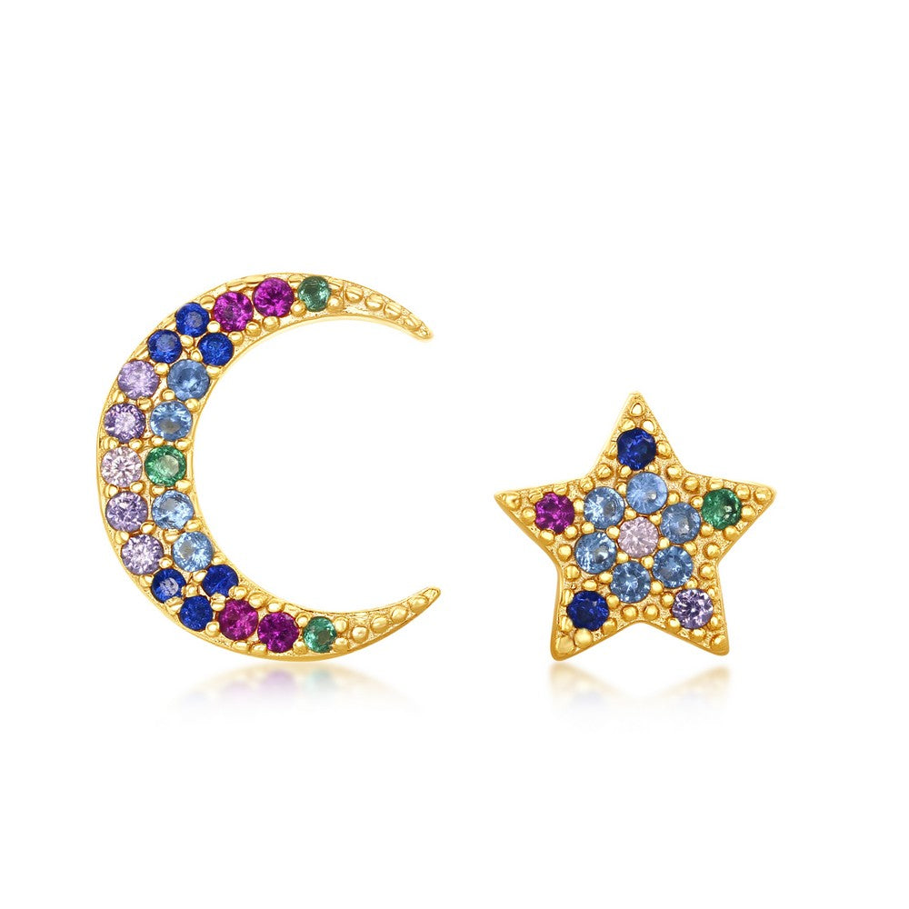 Sterling Silver Crescent Moon and Star Rainbow CZ Stud Earrings - Gold Plated Earrings